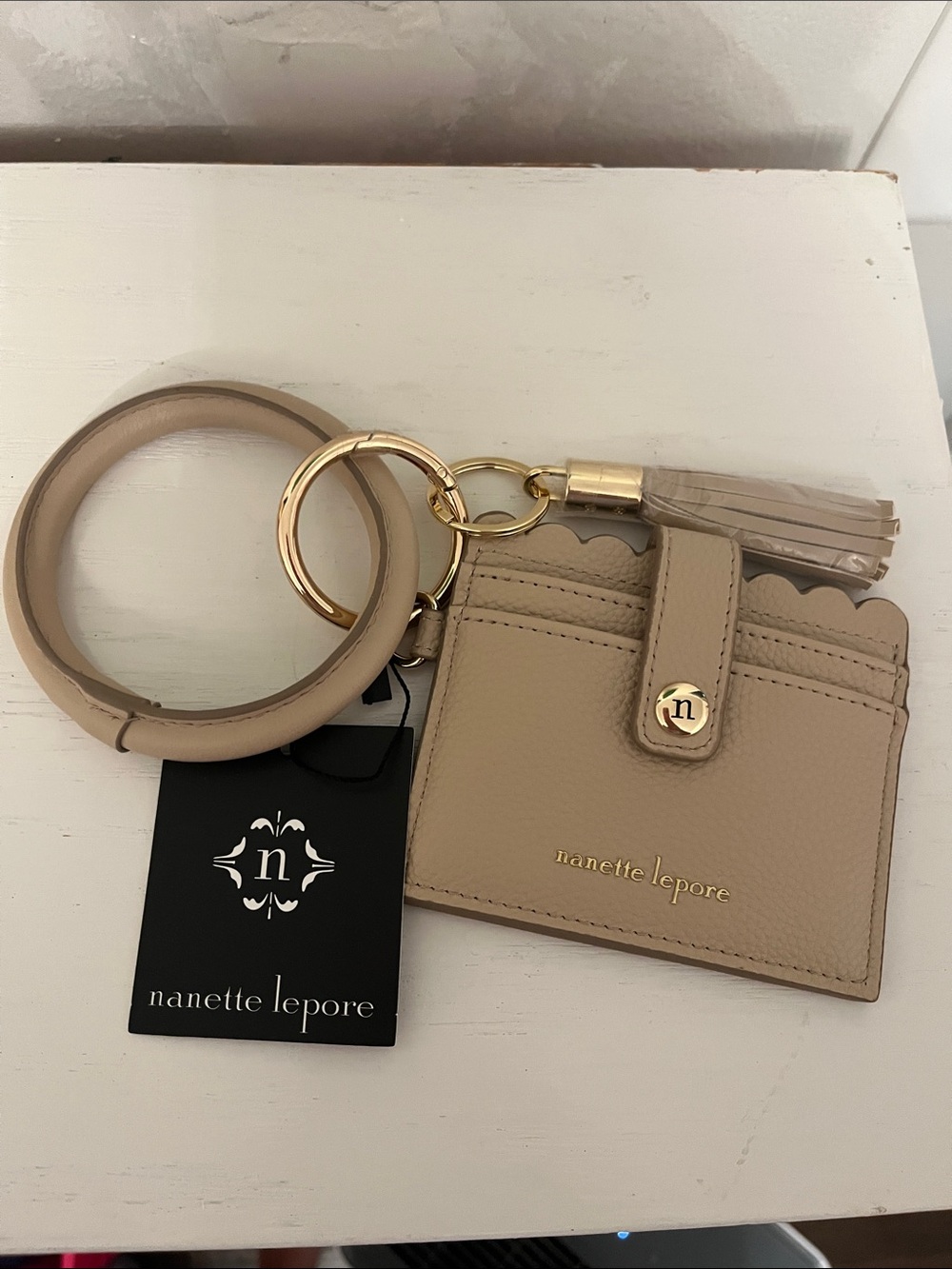 Nanette Lepore Nude Beige Leather Cardholder Keyring with Tassel and Bangle